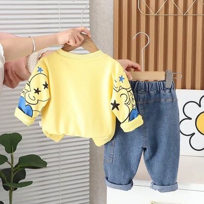 2024 Spring Baby Boy Outfit Set - Cartoon O-Neck Pullover Long Sleeve T-Shirt and Pants (1-5 Years)