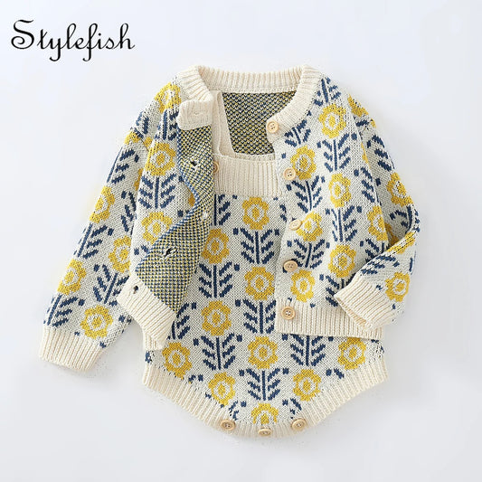 Frühling Babyanzug Kleidung, Baby Pullover mit Blumen, Mädchen Strickjacke + Overall Krabbelanzug Dreieck Hoodie Zweiteiler Set