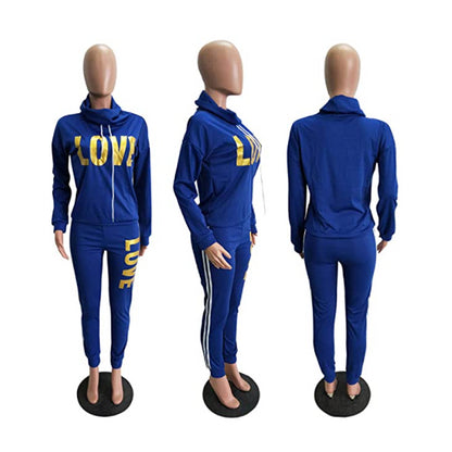 2 Piece Women’s LOVE Letter Print Tracksuit - High Neck Hoodie and Sweatpants Set