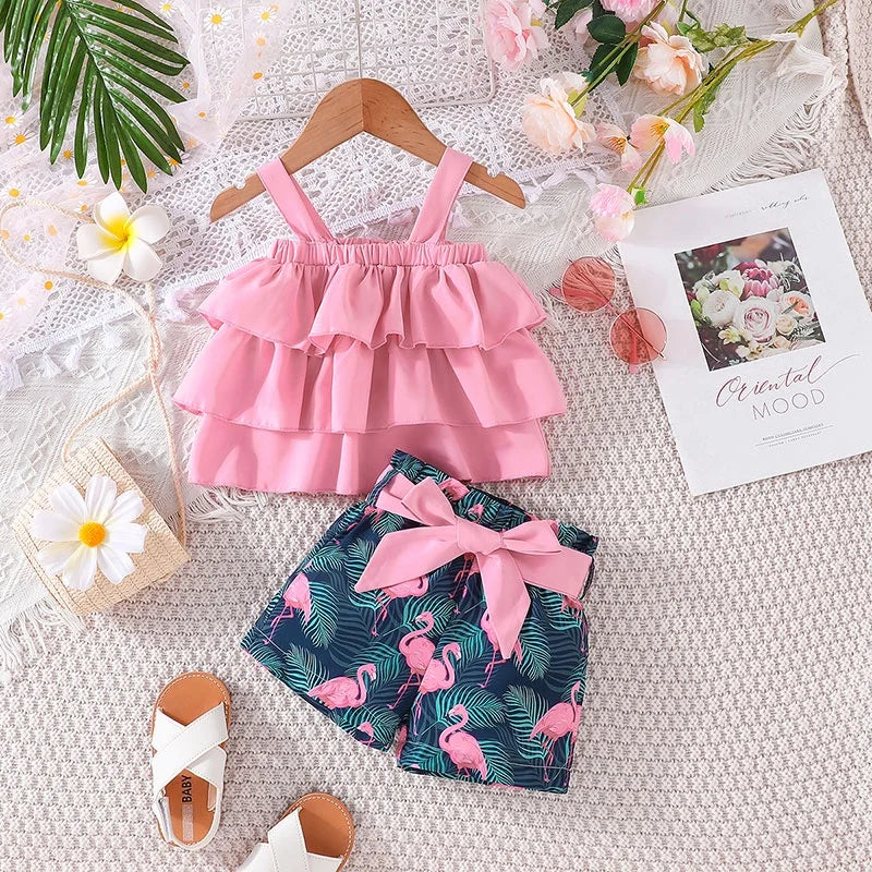 Baby-Kleidungsset für 6 Monate – 3 Jahre, ärmelloses bauchfreies Top und Shorts mit Flamingo-Cartoon, Outfit, Kleidungsanzug für neugeborene Mädchen