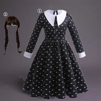 Wednesday Addam Dress for Girls 3-10 Yrs Halloween Party Black Gothic Cosplay Costume Summer Kids Clothes Daily Casual Outfits