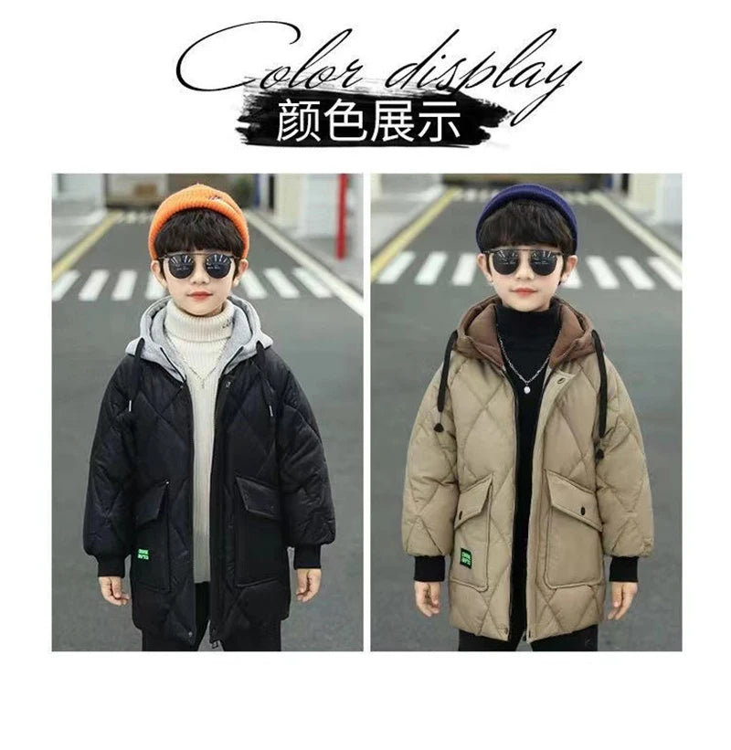 Winter Boys Outerwear Thicken Warm Coats Kids Plus Velvet Jackets Hooded Trends Overcoat 2023 Teens Casual Windproof Parkas