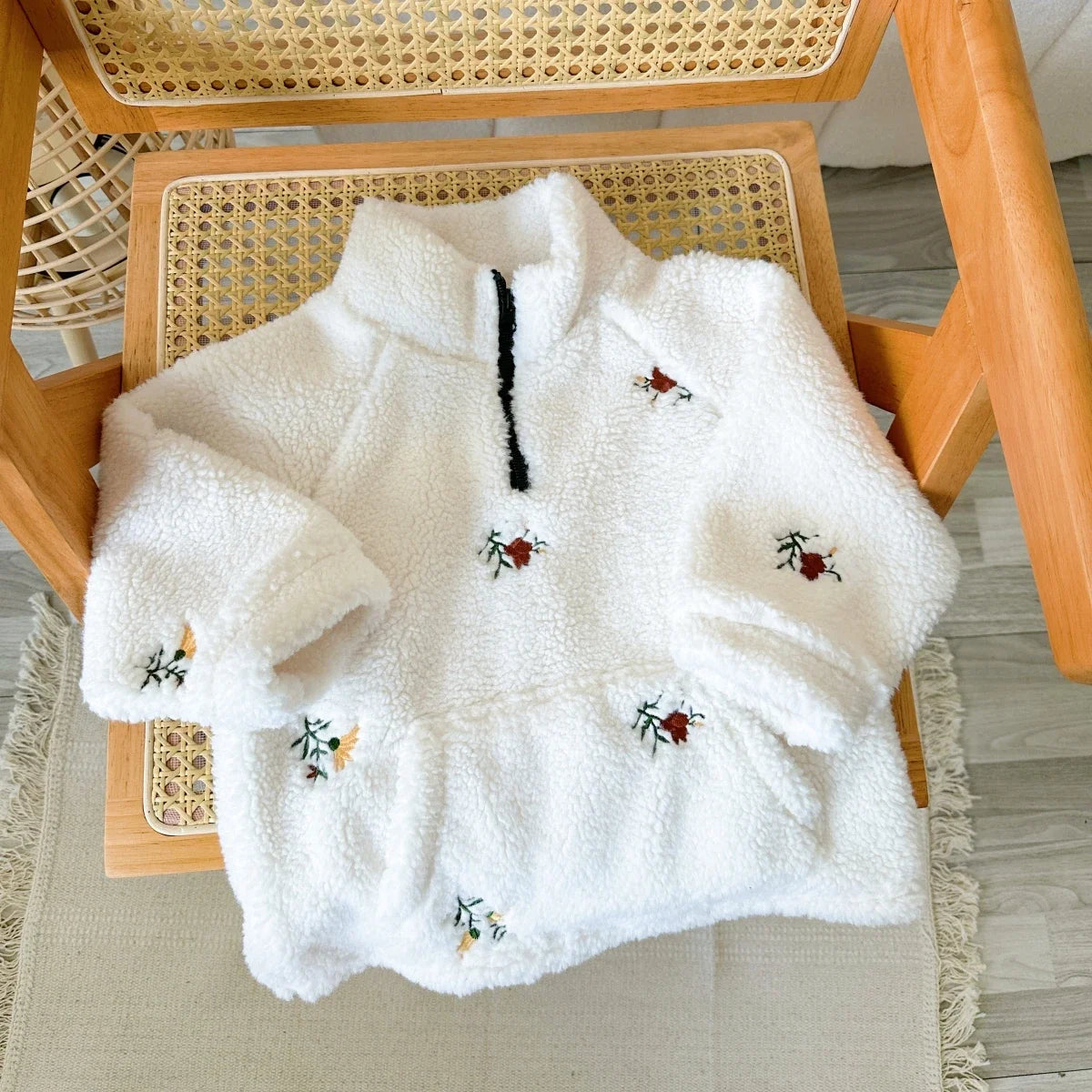 Winterkleidung für Neugeborene, Mädchen und Jungen, Wolljacke, bestickte Blumen, mit Reißverschluss, dicker Stil, warmer Mantel für 1–3 Jahre altes Baby