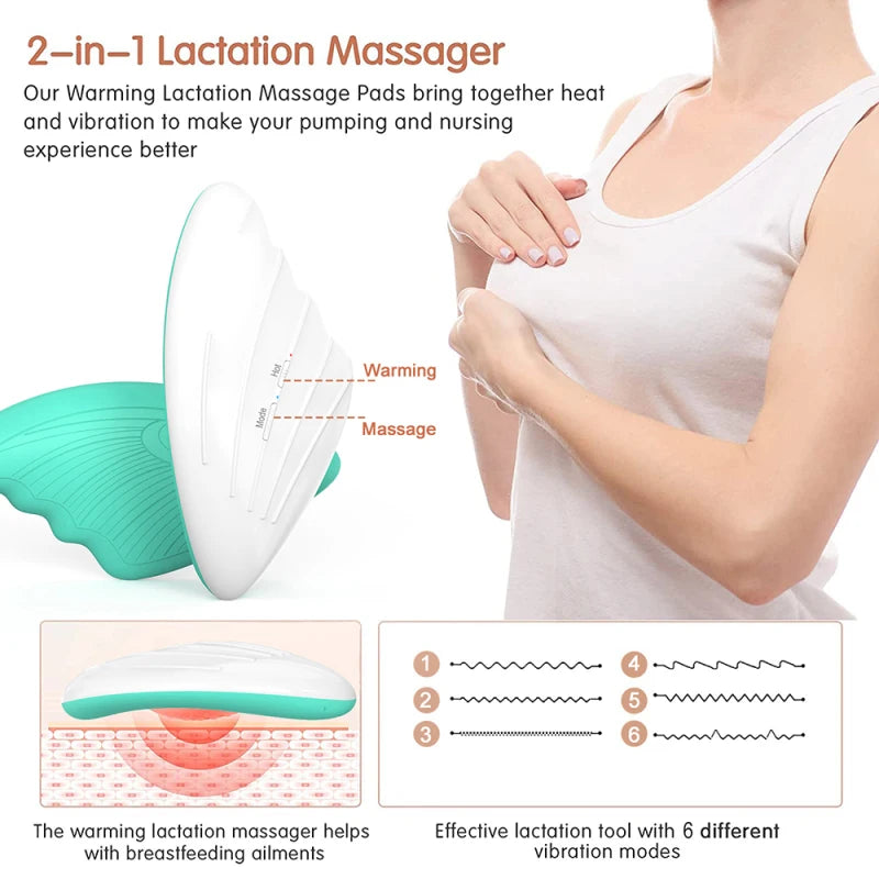 Warming Lactation Massager Soft Silicone Electric Breast Massager for Breastfeeding 6 Vibration Modes + 3 Levels Warming Modes