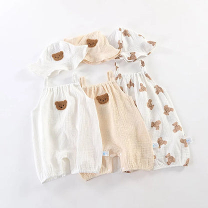 Baby-Overall für Neugeborene, Sommer, lässiger Einteiler für Jungen und Mädchen, Bären-Schlafanzug, Säuglingsgeburtstag, Musselin, Einteiler, weiß, beige, Strampler mit Mütze