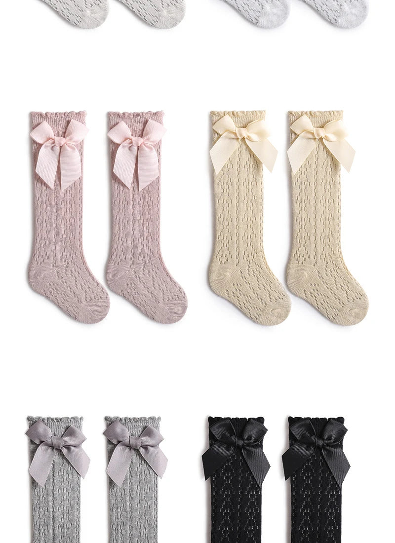 Cute Girls Knee High Socks Bows Cotton Breathable Soft Children Socks Hollow Out Non-slip Newborn Infant Long Mesh Socks 0-3Yrs