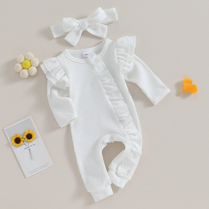 Newborn Infant Girls Solid Color Waffles Jumpsuits Baby Long Sleeve Ruffle Zipper Romper with Headband Sets Lace Baby Clothes