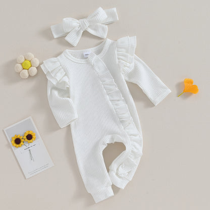 Neugeborenen Mädchen Einfarbig Waffeln Overalls Baby Langarm Rüschen Zipper Strampler mit Stirnband Sets Spitze Baby Kleidung