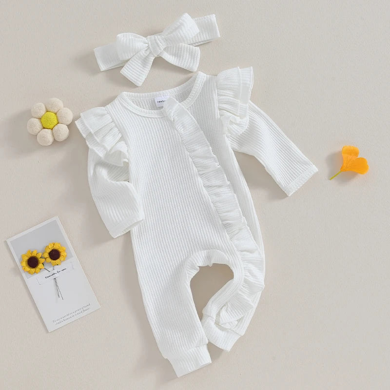 Neugeborenen Mädchen Einfarbig Waffeln Overalls Baby Langarm Rüschen Zipper Strampler mit Stirnband Sets Spitze Baby Kleidung