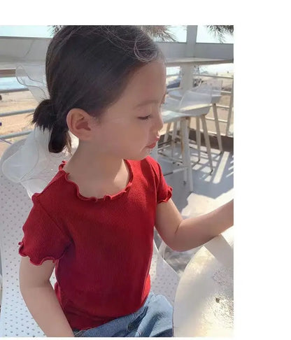 Baby Girls Short Sleeved T-Shirt 2024 Summer Kids Top Tees Baby Solid Color Shirts 1 To 8 Yrs Children's Clothing Korean Style