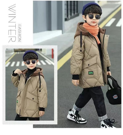 Winter Boys Outerwear Thicken Warm Coats Kids Plus Velvet Jackets Hooded Trends Overcoat 2023 Teens Casual Windproof Parkas