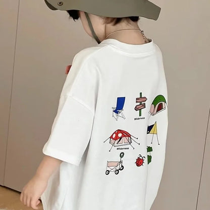 Sommer-T-Shirts für Kinder, Zeichentrickfiguren, Jungen und Mädchen, lockere Rundhalsausschnitte, kurze Ärmel, amerikanische High-Street-Oberteile