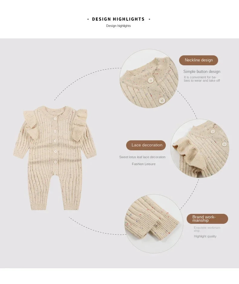 Baby Sweater Jumpsuit Knitted Ruffled Button Up Long Sleeve Solid Baby Rompers Toddlers Girls Outfit Newborn Baby Clothes