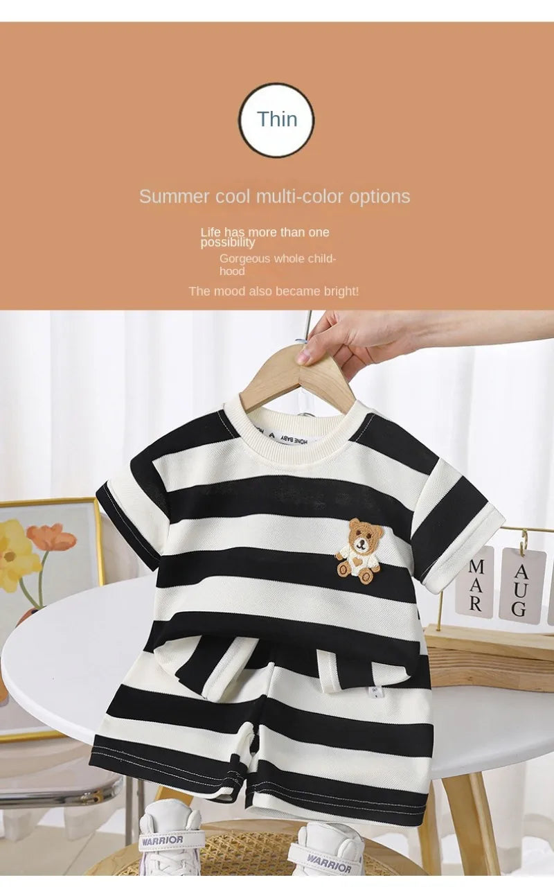 Short-sleeved Set Striped T-shirt +Shorts Boys Summer Trendy Costume Babies Fashion Round Neck Tracksuits Children's Clothing