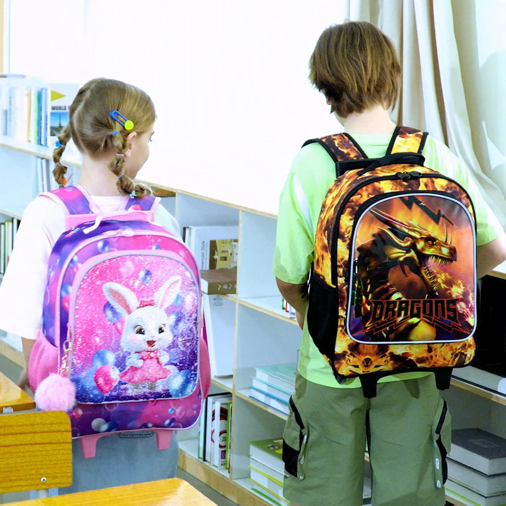 3-teiliger Drachen-Rollrucksack für Jungen, Schulrucksäcke für Kinder mit Rädern, Rollen-Büchertasche mit Lunchbox für die Grundschule