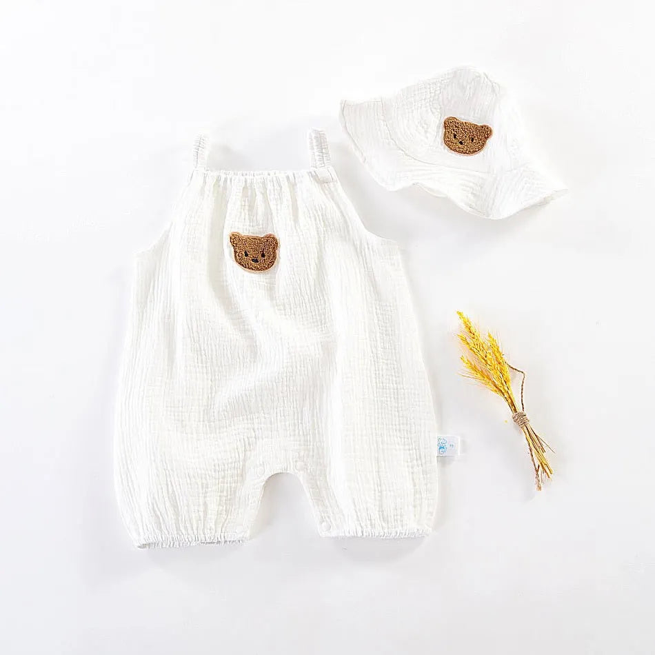 Baby-Overall für Neugeborene, Sommer, lässiger Einteiler für Jungen und Mädchen, Bären-Schlafanzug, Säuglingsgeburtstag, Musselin, Einteiler, weiß, beige, Strampler mit Mütze