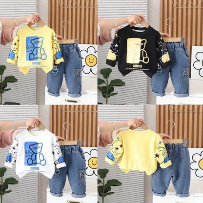 2024 Spring Baby Boy Outfit Set - Cartoon O-Neck Pullover Long Sleeve T-Shirt and Pants (1-5 Years)