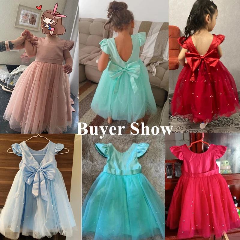 Süßes Baby Mädchen Kleid für Party Prinzessin Perlen Mesh Kleider für Kinder Geburtstag Ball Kostüme für Blumenmädchen 1-5Y Säuglingskleidung