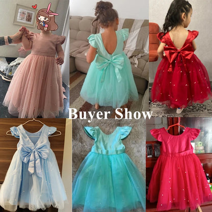 Cute Baby Girls Dress for Party Princess Pearls Mesh Dresses for Kids Birthday Prom Costumes for Flower Girl 1-5Y Infant Clothes