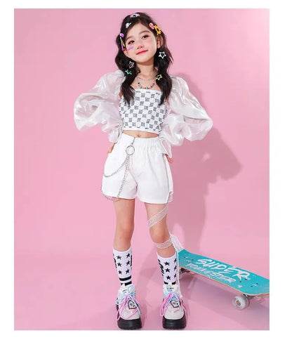 Kpop Mädchen Kleidung Jazz Dance Kostüm Weiß Leistung Anzug Hip Hop Modern Dance Outfit Kinder Bühne Tragen Mode Kleidung