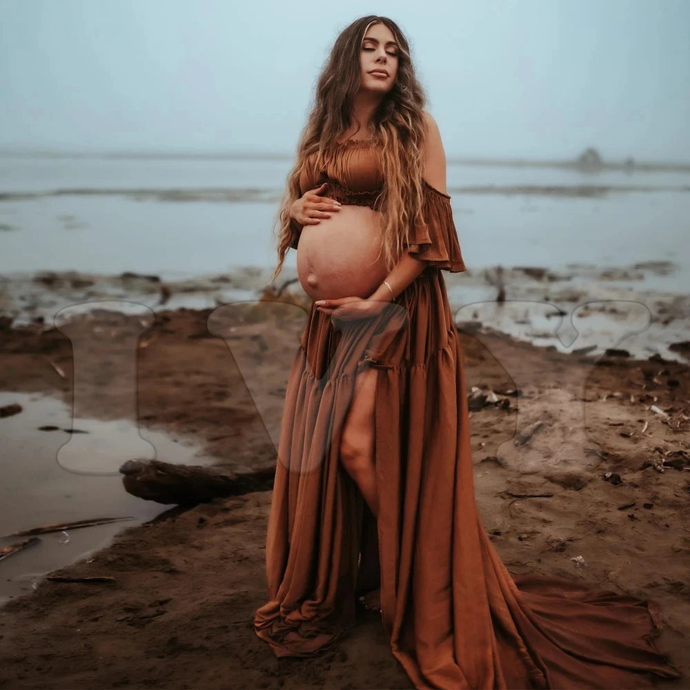 Damen Langes Kleid Umstandskleider Für Fotoshooting Schwangerschaftskleidung Chiffon Schulterfrei Rüschen Halbtransparent Fotografie