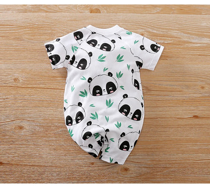 Neugeborenen-Kleidung, niedlicher Cartoon-Panda-Druck, Baumwolle, bequem und weich, Sommer, Jungen und Mädchen 0–18, kurzärmeliger Baby-Overall