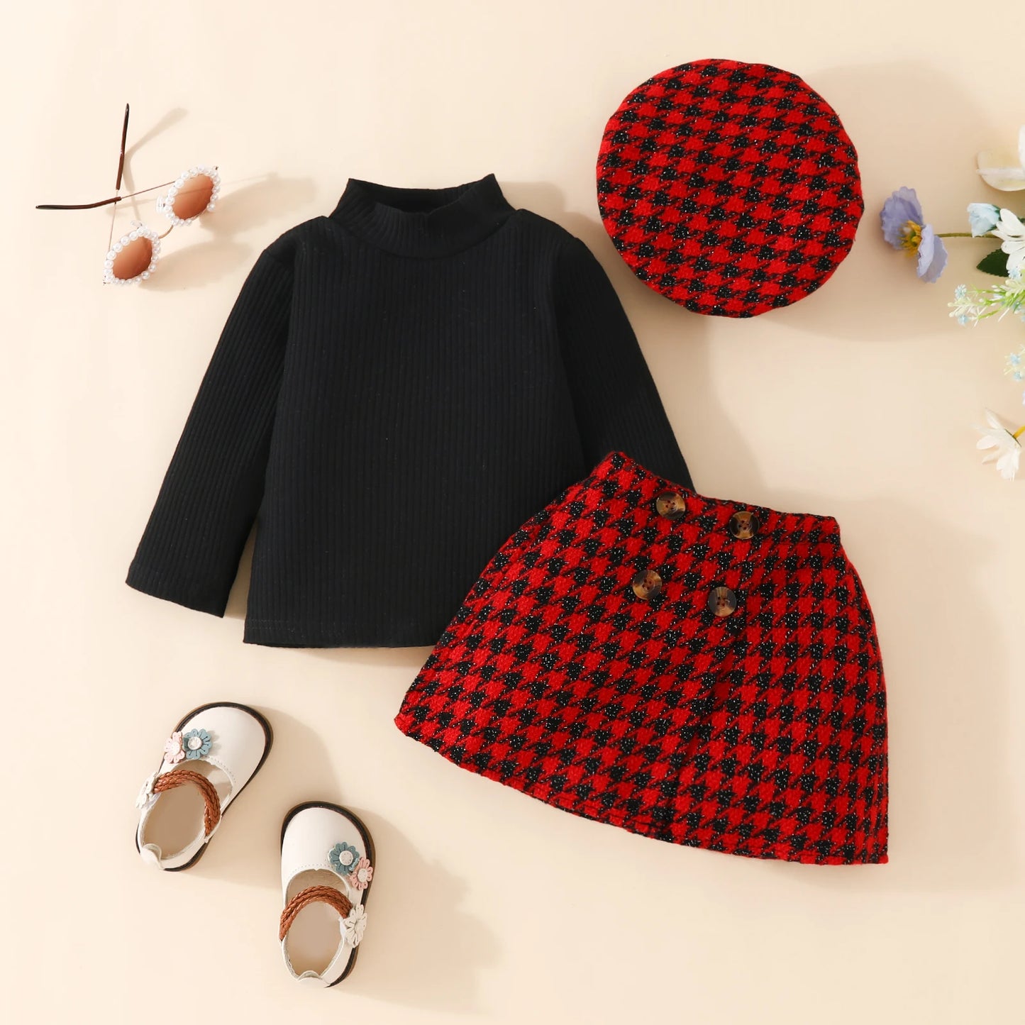 3 PCS Spring and Fall Baby Girl Long Sloup Top Plaid Half Dress & Hat Set Baby Berets Long Sloup T-Shippie Plaid Dress Set