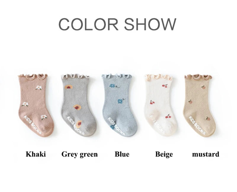 3 Pairs Anti-Slip Floral Print Kids Infant First Walking Baby Socks 0-5Y Four Seasons Elastic Children's Short Tube Socks