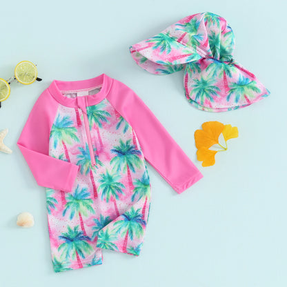 Toddler Girls Boys Beach Wear Kids Swimwear Summer Long Sleeve Floral/Tropical Print Zip Up Bathing Suits with Hat For Swimsuit