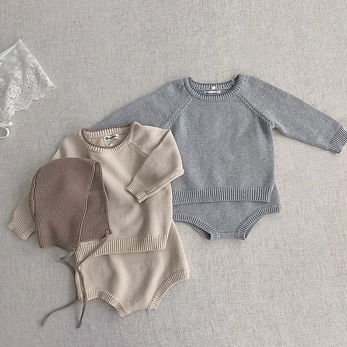 Korean Style Newborn Baby Boys Girls Clothing Set Long Sleeve Solid Color Knitted Pullover+Shorts Autumn Spring Clothes Suit