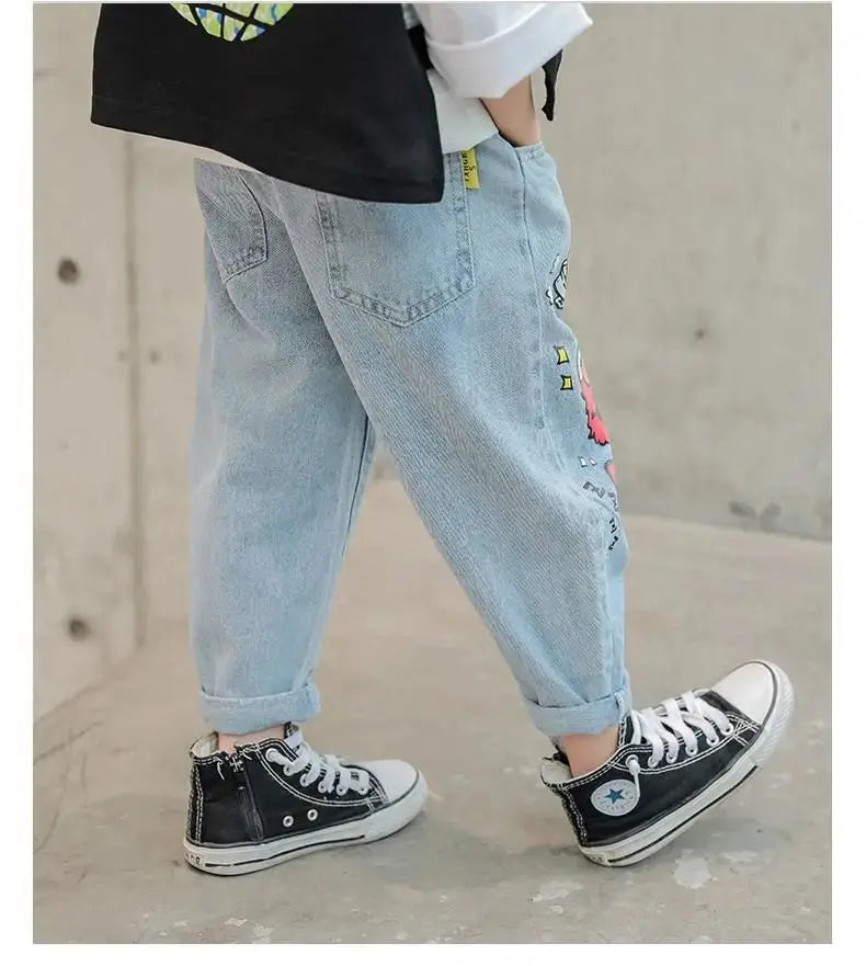 Boys' Jeans Spring and Autumn New Funny Head Medium and Big Children's Casual Children's Clothing Spring Loose Long Pants