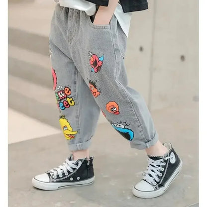 Boys' Jeans Spring and Autumn New Funny Head Medium and Big Children's Casual Children's Clothing Spring Loose Long Pants