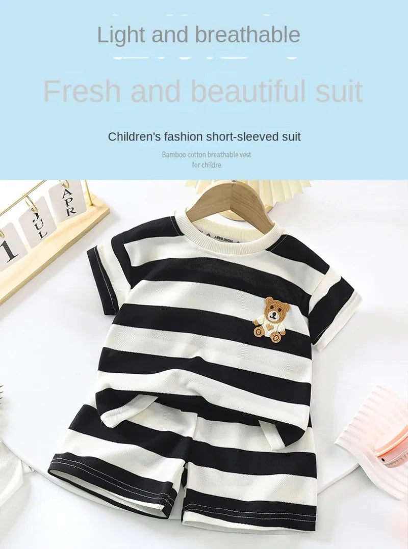 Short-sleeved Set Striped T-shirt +Shorts Boys Summer Trendy Costume Babies Fashion Round Neck Tracksuits Children's Clothing