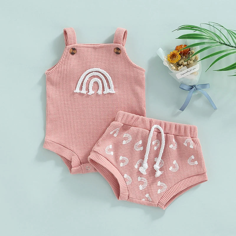 0-18M Baby Sommer Kleidung Set Neugeborenen Infant Shell Print Hosenträger Stricken Bodys Shorts Kleinkind Outfits Jungen Mädchen strickwaren