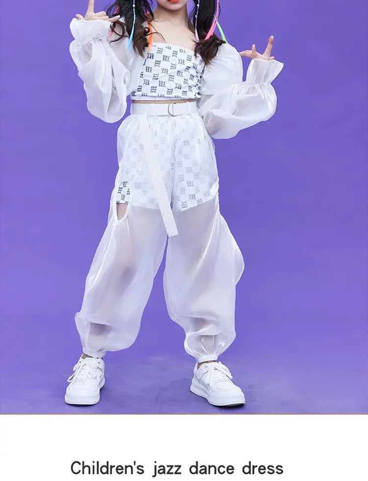 Kpop Mädchen Kleidung Jazz Dance Kostüm Weiß Leistung Anzug Hip Hop Modern Dance Outfit Kinder Bühne Tragen Mode Kleidung