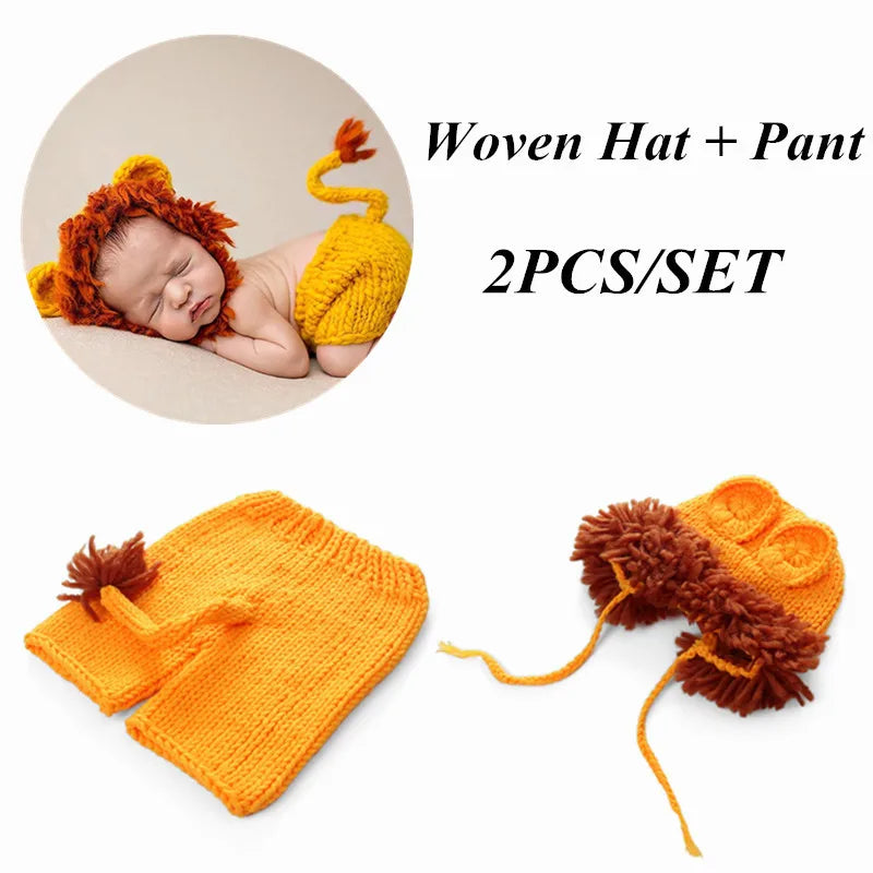 2 teile/satz Neugeborenen Fotografie Requisiten Baby Kostüm Set Lion Tier Häkeln Stricken Handgemachte Hosen Hut Baby Lion Anzug Fotografia