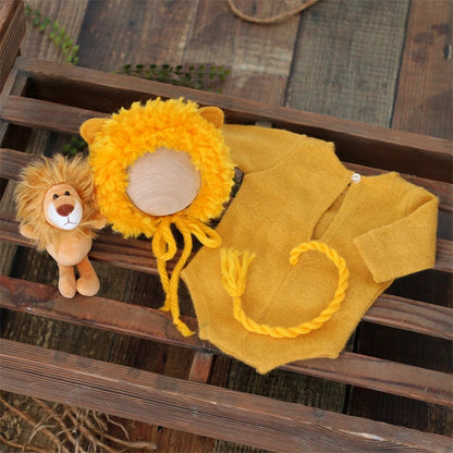 Newborn Photography Animal Costume Lion Doll Plush Hat Romper Tail 4pcs Outfits Boys Girls Infant Photo Shoot Prop Clothing