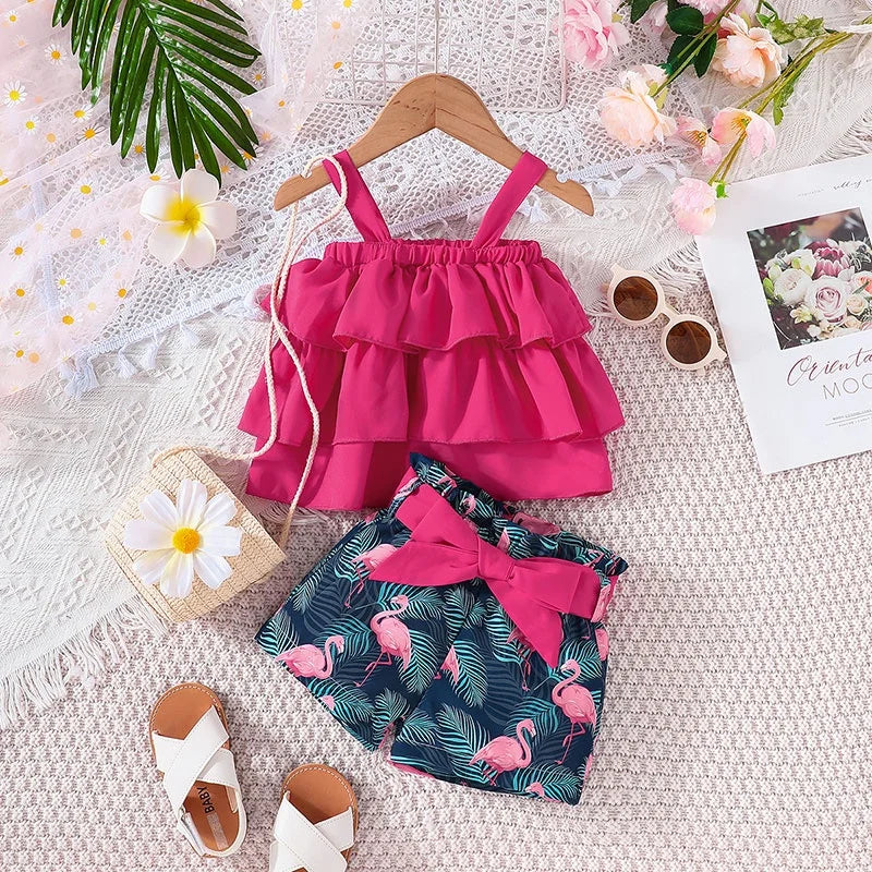 Baby-Kleidungsset für 6 Monate – 3 Jahre, ärmelloses bauchfreies Top und Shorts mit Flamingo-Cartoon, Outfit, Kleidungsanzug für neugeborene Mädchen