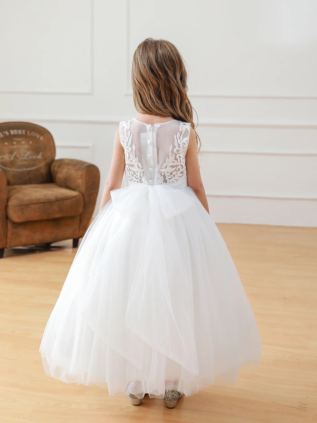 Wholesale Pageant Beautiful Lace Floral Casual Backless Cute Girls Teenage Tulle Fancy Flower Girl Dress Wedding Fashion