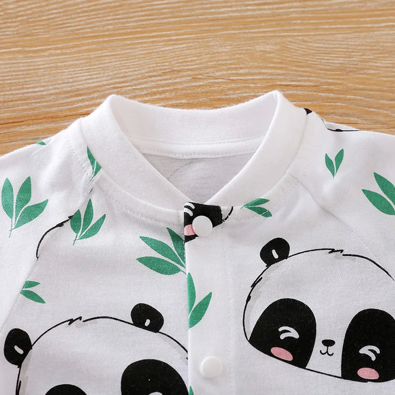 Neugeborenen-Kleidung, niedlicher Cartoon-Panda-Druck, Baumwolle, bequem und weich, Sommer, Jungen und Mädchen 0–18, kurzärmeliger Baby-Overall