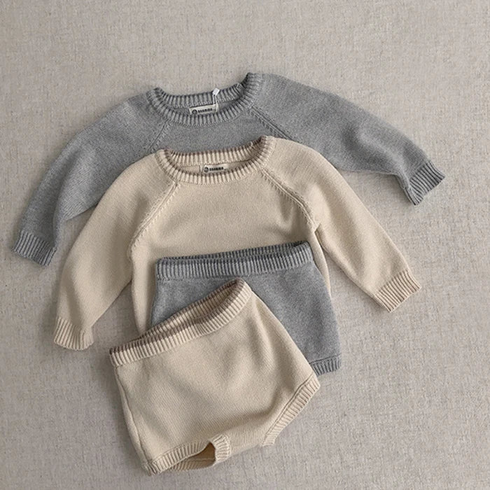 Korean Style Newborn Baby Boys Girls Clothing Set Long Sleeve Solid Color Knitted Pullover+Shorts Autumn Spring Clothes Suit