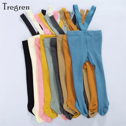 Tregren 0-3Years Newborn Baby Suspender Overall Pantyhose Solid Color High Waist Ribbed Knit Tights Infant Spring Fall Leggings