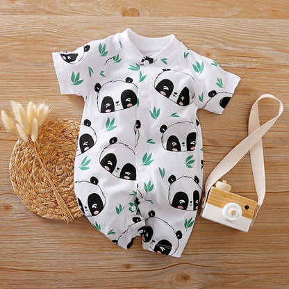 Neugeborenen-Kleidung, niedlicher Cartoon-Panda-Druck, Baumwolle, bequem und weich, Sommer, Jungen und Mädchen 0–18, kurzärmeliger Baby-Overall