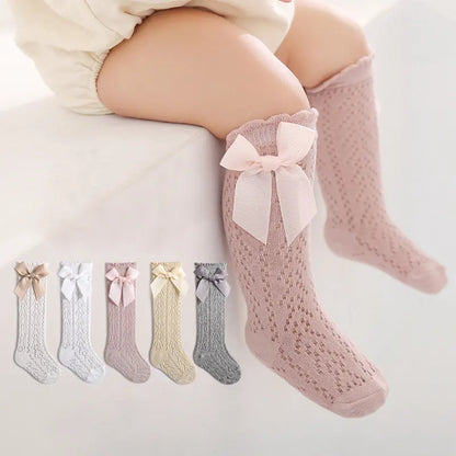 Cute Girls Knee High Socks Bows Cotton Breathable Soft Children Socks Hollow Out Non-slip Newborn Infant Long Mesh Socks 0-3Yrs