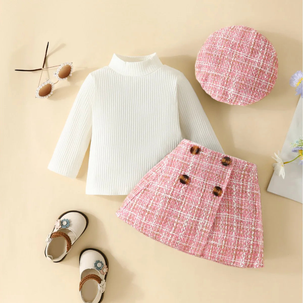 3 PCS Spring and Fall Baby Girl Long Sloup Top Plaid Half Dress & Hat Set Baby Berets Long Sloup T-Shippie Plaid Dress Set