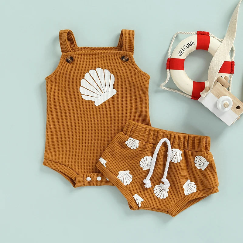 0-18M Baby Sommer Kleidung Set Neugeborenen Infant Shell Print Hosenträger Stricken Bodys Shorts Kleinkind Outfits Jungen Mädchen strickwaren