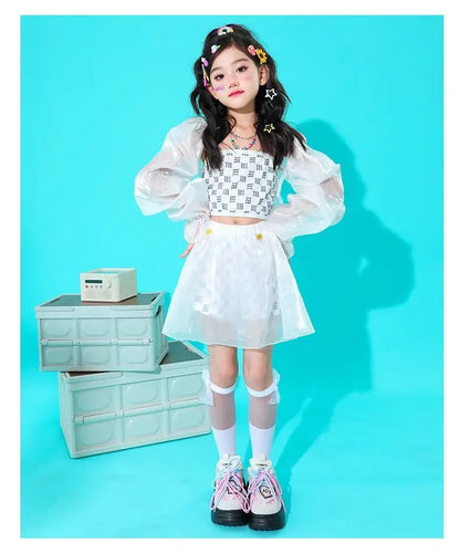 Kpop Girls Clothes Jazz Dance Costume White Performance Suit Hip Hop Modern Dance Outfit Kids Stage Wear Fashion Clothing