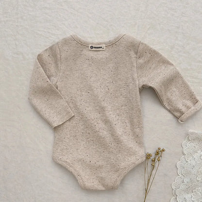 Baby-Jumpsuit für Herbst, einreihig, lang, für Jungen und Mädchen, farbig, aus Baumwolle, Strampler + Mütze mit Hasenohren, gepunkteter gerippter Strampler mit Streifen