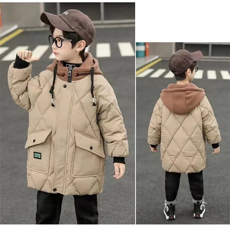 Winter Boys Outerwear Thicken Warm Coats Kids Plus Velvet Jackets Hooded Trends Overcoat 2023 Teens Casual Windproof Parkas