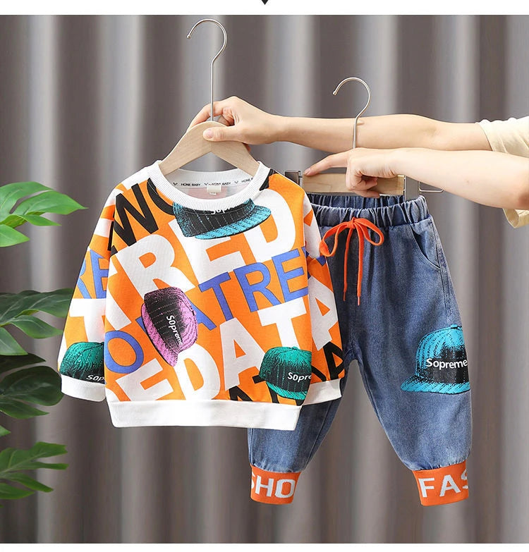 Autumn New Boys Spring and Autumn Suit Casual Wear Home Outing Sweatshirt Two-piece Fashionable Set